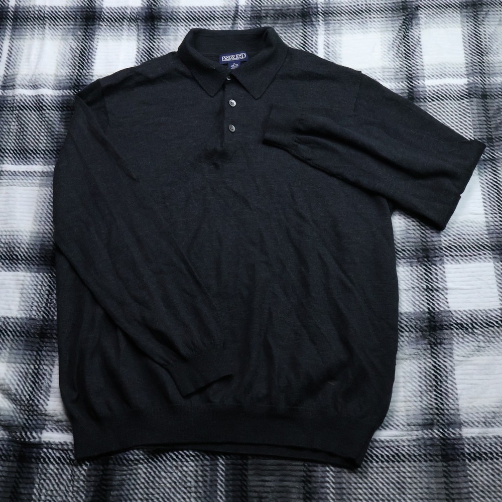 Lands End Mens XL Wool Long Sleeve Rugby Polo Sweater Charcoal Grey Knit 46-48